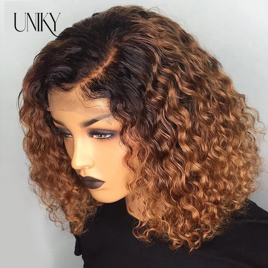 Short SENSE Brazilian Highlight Curly Bob Wig Deep Wave Frontal Wigs Curly Human Hair Wig 13x4 Ombre Colored Lace Front Wigs For Black Women