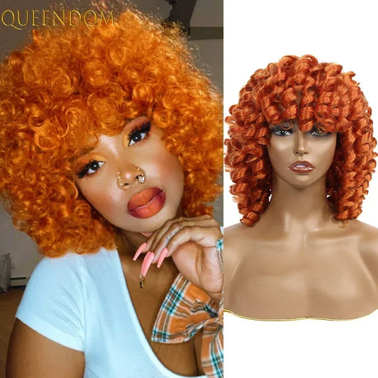 Short SENSE Puffy Short Afro Curly Bob Wig Orange Kinky Curly Women's Wig 14inch Ginger Natural Synthetic Shoulder Length Curly Hair Wig Red