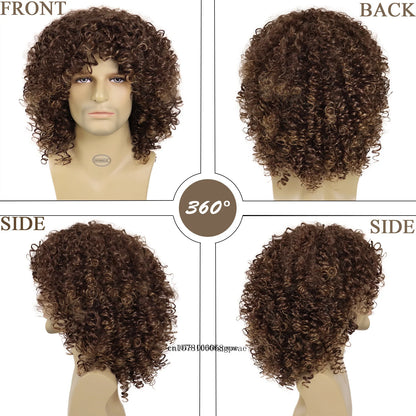 MEN'S SENSE BEAUTY Afro Kinky Curly Wigs for Men Synthetic Brown Wig with Bangs Natural Fluffy Elastic High Temperature Fiber Man Daily Cosplay