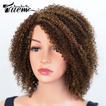 Short SENSE Trueme Afro Kinky Curly Human Hair Wigs Ombre Highlight Human Hair Wig With Bangs Colored Brazilian 4a Curly Bob Wig For Women