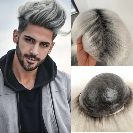 MEN'S SENSE BEAUTY Men's Capillary Prothesis 0.08MM Double Knotted Toupee Men Durable Male Hair Prosthesis 100% Natural Human Hair Wigs For Man