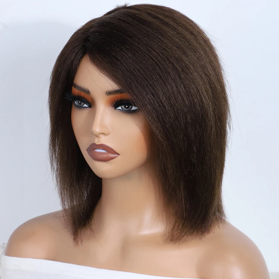 Short SENSE Lekker Short Kinky Straight Bob Glueless Ready to Wear Human Hair Wigs For Women Brazilian Remy Hair Natural Brown 12" Bob Wigs