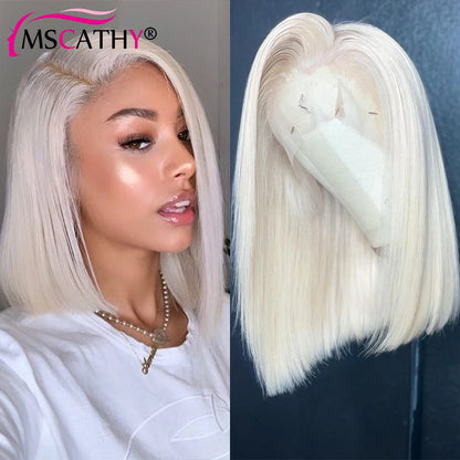 Short SENSE 60 Platinum Colored Lace Front Wig White Blonde Straight Short Bob Human Hair Wigs HD Transparent Lace Frontal Wig Preplucked