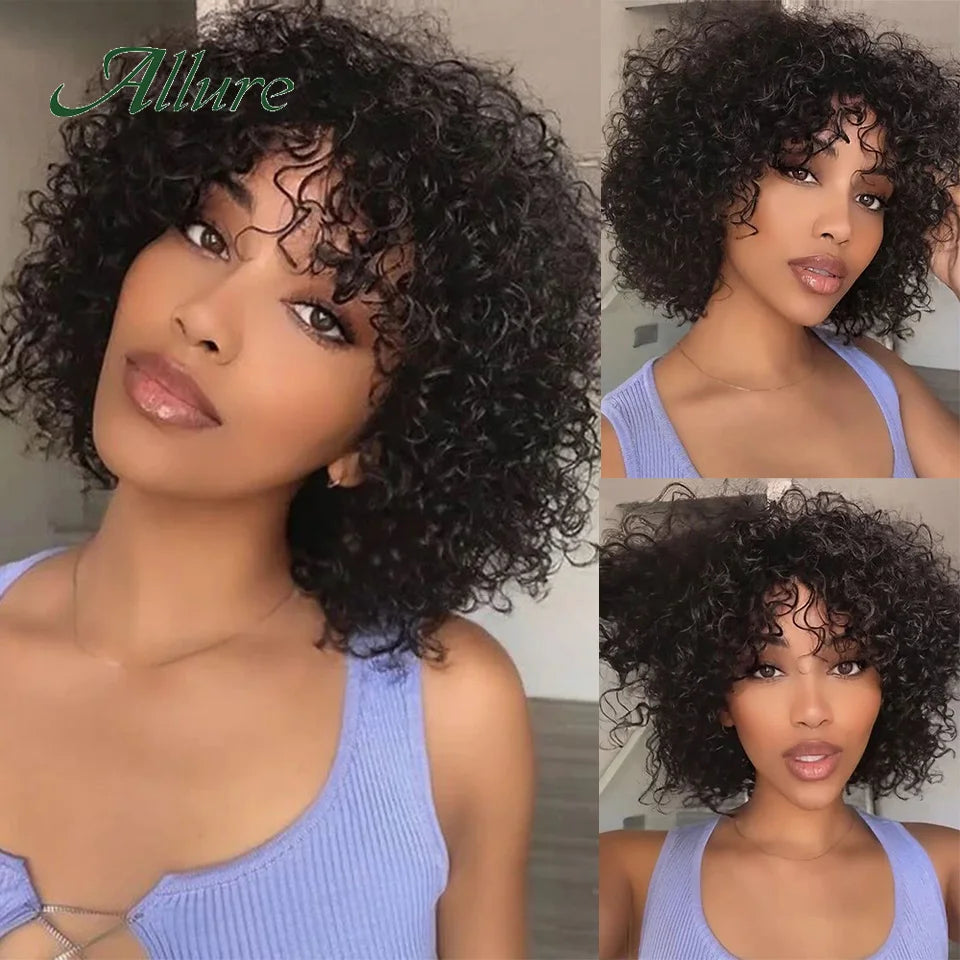 Short SENSE Short Pixie Afro Kinky Curly Wigs for Black Women Glueless Natural Brown Bob Wig With Bangs Jerry Curly Human Hair Wigs Allure