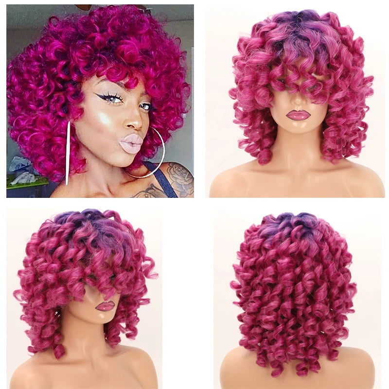 Lace wigs Pink Blonde Curly Wigs Weave Loose Fluffy Wavy Short Curly Blonde Curl Afro Synthetic Hair Natural Looking For Black White Women