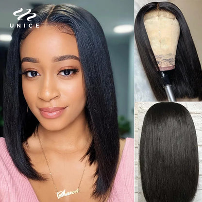 Short SENSE UNice Hair Straight Bob Wigs 4x4 13X4 Lace Front Wig Human Hair Wig Short Human Hair Wigs 8-14Inch 150% Density