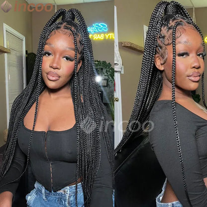 Braids SENSE 36" Full Lace Braided Wigs Synthetic Box Braids Lace Front Wigs Knotless Braided Wigs Black Small Box Square Hair Wigs African