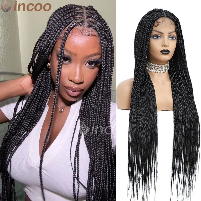 Braids SENSE 36" Full Lace Braided Wigs Synthetic Box Braids Lace Front Wigs Knotless Braided Wigs Black Small Box Square Hair Wigs African