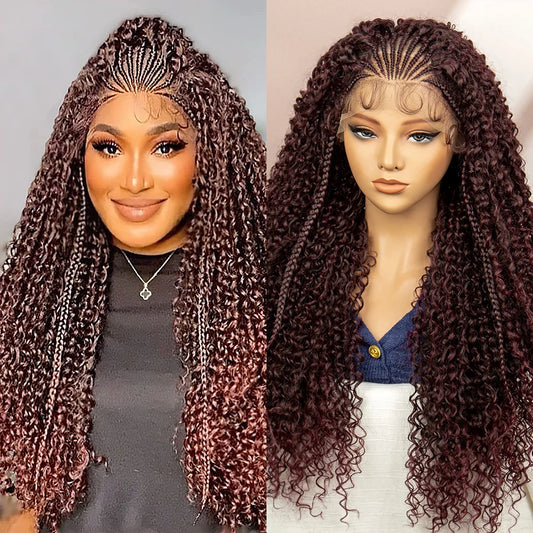 Braids SENSE 26 Inches Synthetic Lace Front Curly Braided Wigs Cornrow Braided Wig with Baby Hair Boho Braids Burgundy Braiding