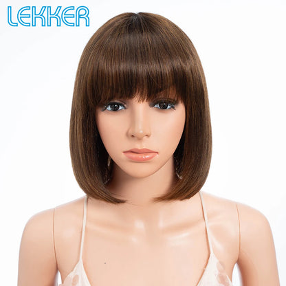 Short SENSE Lekker Ready Wear Ombre Brown Short Straight Bob Human Hair Wigs With Bangs For Women Brazilian Remy Hair Colored Glueless Wigs