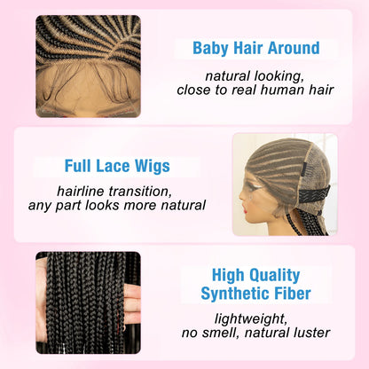 Braids SENSE Full Lace Cornrow Braided Wigs for Black Women Handmade Synthetic Long Box Braided Wig with Baby Hair Lace Front Braids Wigs