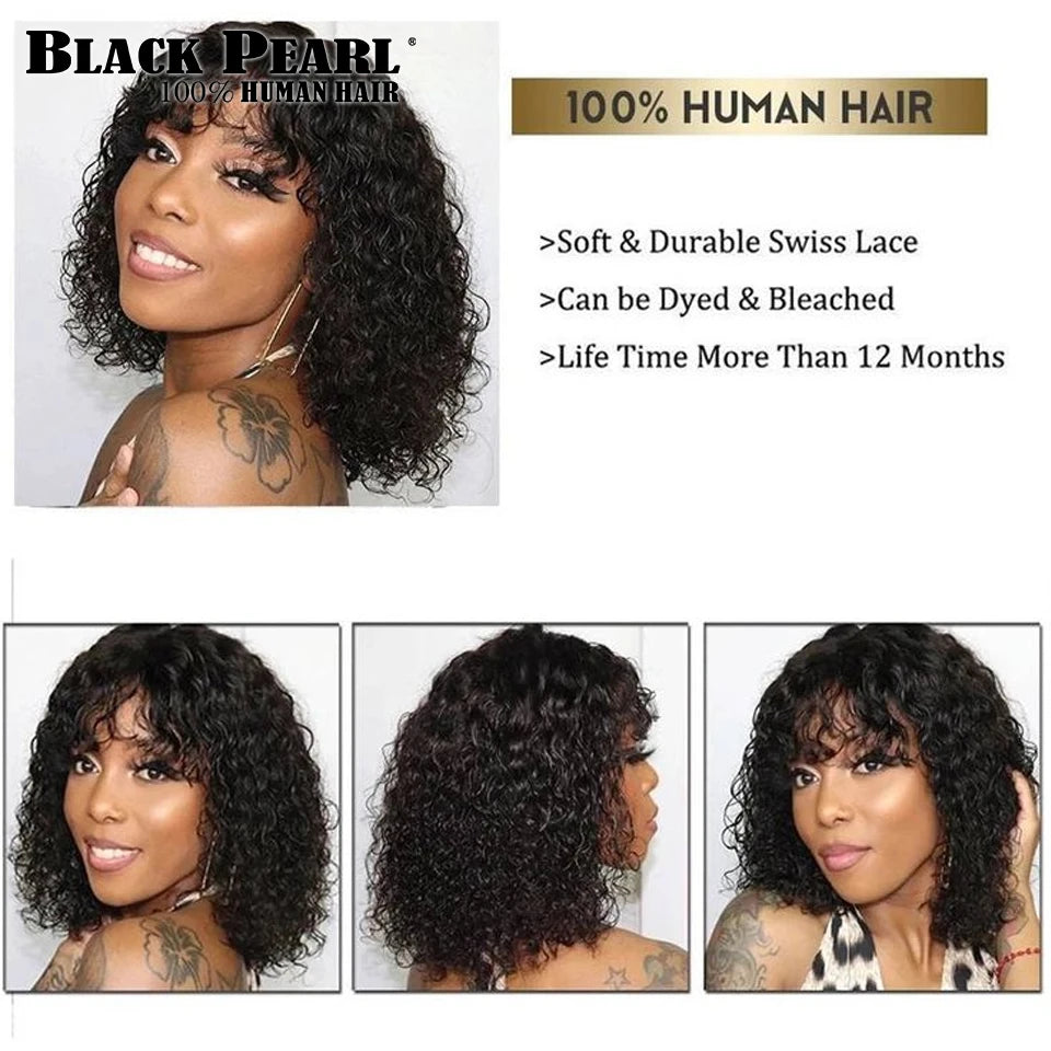 Short SENSE Black Pearl Jerry Curly Wig With Bangs Human Hair Glueless Wigs Short Pixie Bob Cut Human Hair Wigs With Bangs Highlight Bob Wig