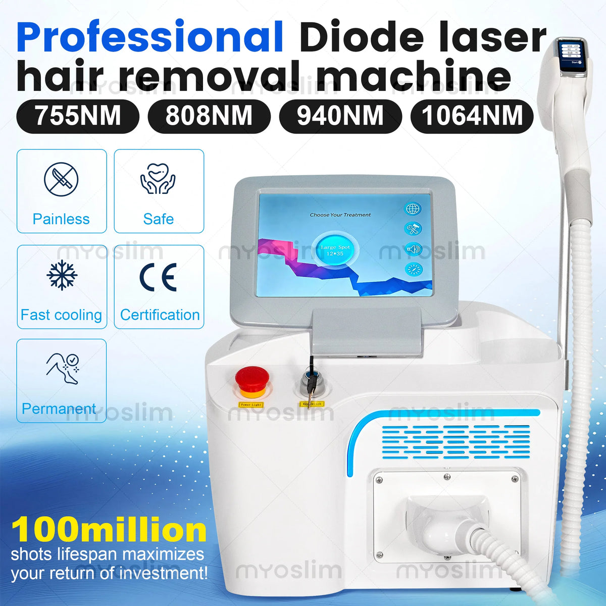 Professional Portable Salon Painless Diode Laser Hair Removal Machine 808nm 1064nm 755nm Triple Wavelength for Business