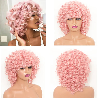 Lace wigs Pink Blonde Curly Wigs Weave Loose Fluffy Wavy Short Curly Blonde Curl Afro Synthetic Hair Natural Looking For Black White Women