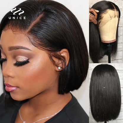 Short SENSE UNice Hair Straight Bob Wigs 4x4 13X4 Lace Front Wig Human Hair Wig Short Human Hair Wigs 8-14Inch 150% Density