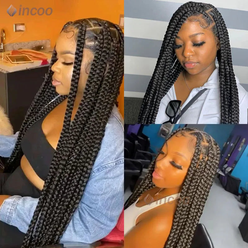 Braids SENSE 36" Full Lace Braided Wigs Synthetic Long Black Braided Wigs With Baby Hair 360 Lace Front Box Braids Wig Black Mix Burgundy Wig