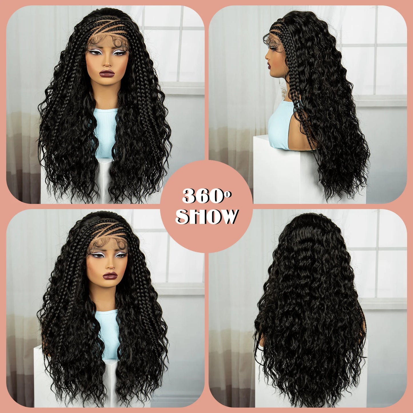 Braids SENSE 26 Inch Natural Water Wave Synthetic Braided Wigs Lace Braided Wig Curly Knotless Braids Wigs With Baby Hair for Black Woman