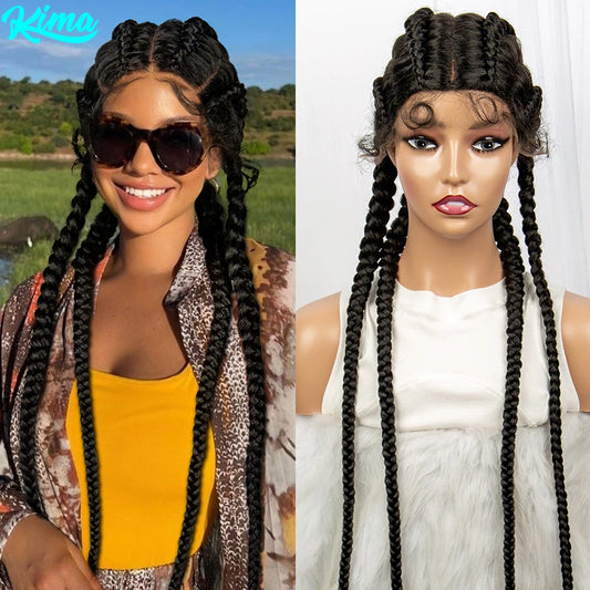 Braids SENSE KIMA Synthetic Lace Front Cornrow Braided Wigs Colored 4 Dutches Stitch Braids Burgundy Wigs 613# for  Black Women