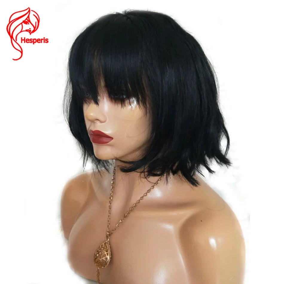 Short SENSE Hesperis Brazilian Remy Short Bob Cut Human Hair Wig With Bangs Natural Wave Scalp Top Full Machine Made Wavy Bob Wigs For Women