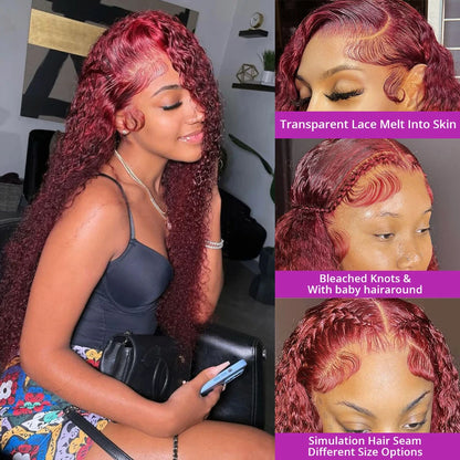 Lace wigs 13x4 Deep Wave Lace Frontal Wig Human Hair Transparent 99J Burgundy Full Lace Front Wigs Red Colored HD Curly Human Hair Wigs