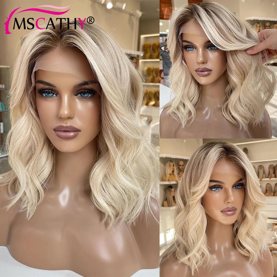 Short SENSE Ash Blonde Ombre Human Hair Wigs For Women Body Wave HD Transparent Lace Frontal Wig Brazilian Remy Hair Short Bob Wig Pre Pluck