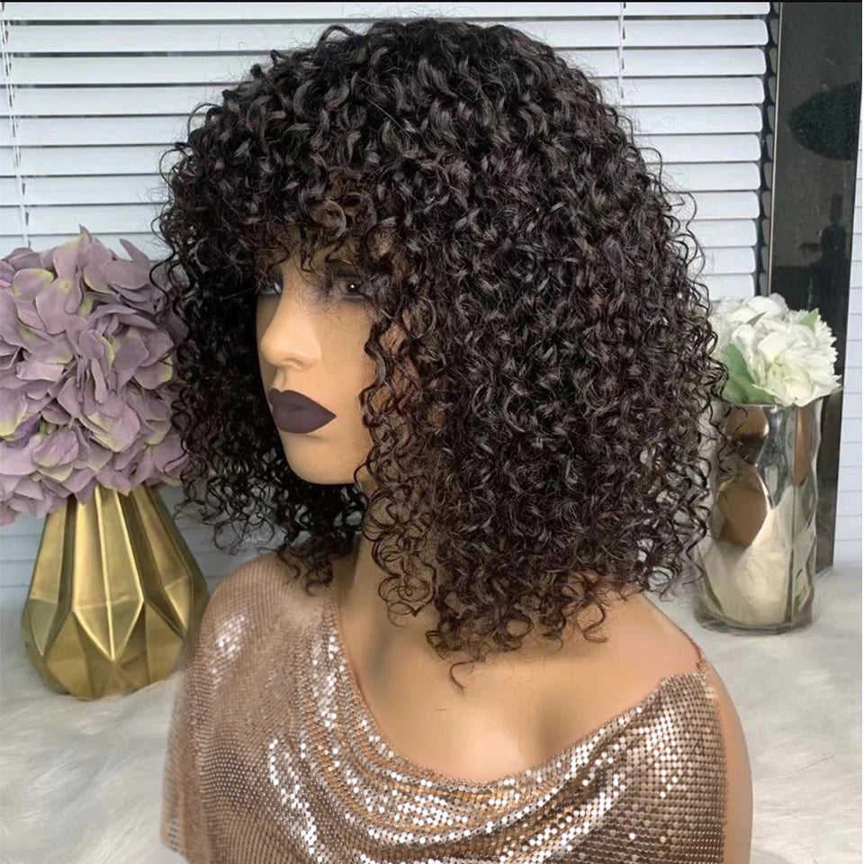 Short SENSE Black Pearl Jerry Curly Wig With Bangs Human Hair Glueless Wigs Short Pixie Bob Cut Human Hair Wigs With Bangs Highlight Bob Wig