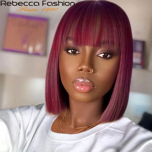 Short SENSE 99J Colored Short 180D Colored Short 180D Straight Brazilian Human Hair Bob Wigs with Bangs Remy Full Machine Made for Women