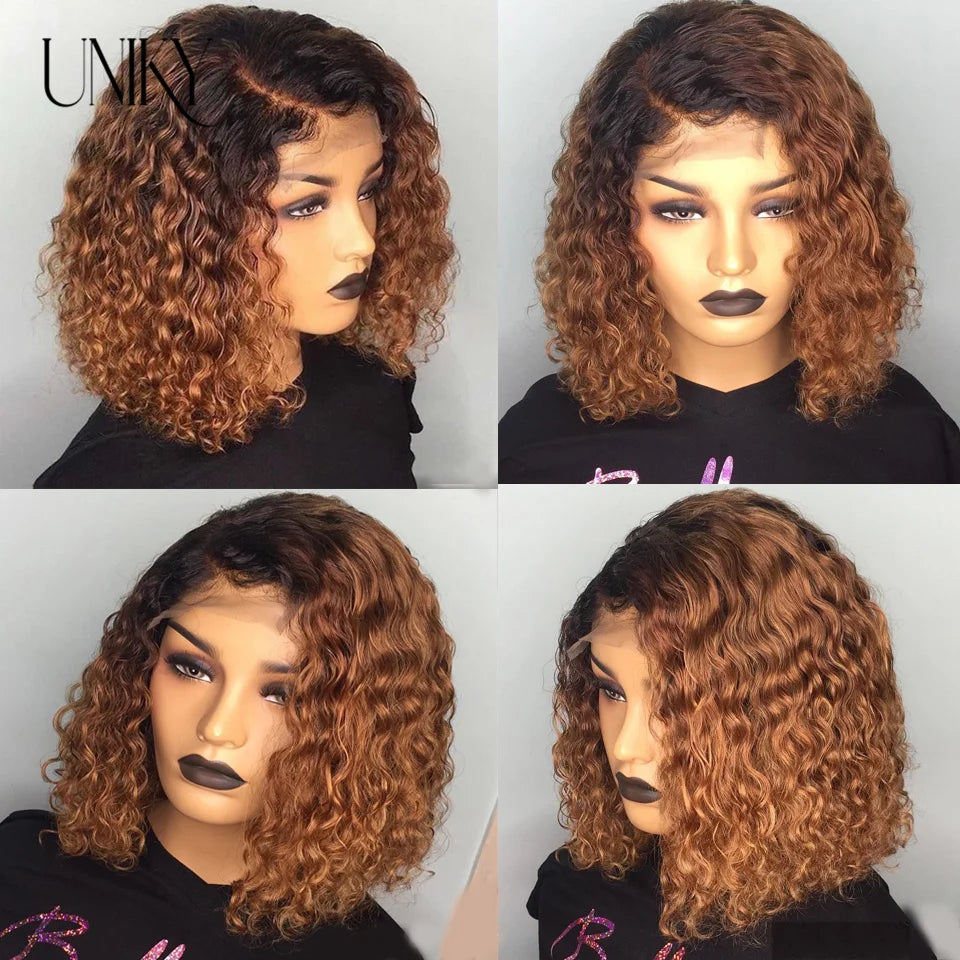 Short SENSE Brazilian Highlight Curly Bob Wig Deep Wave Frontal Wigs Curly Human Hair Wig 13x4 Ombre Colored Lace Front Wigs For Black Women