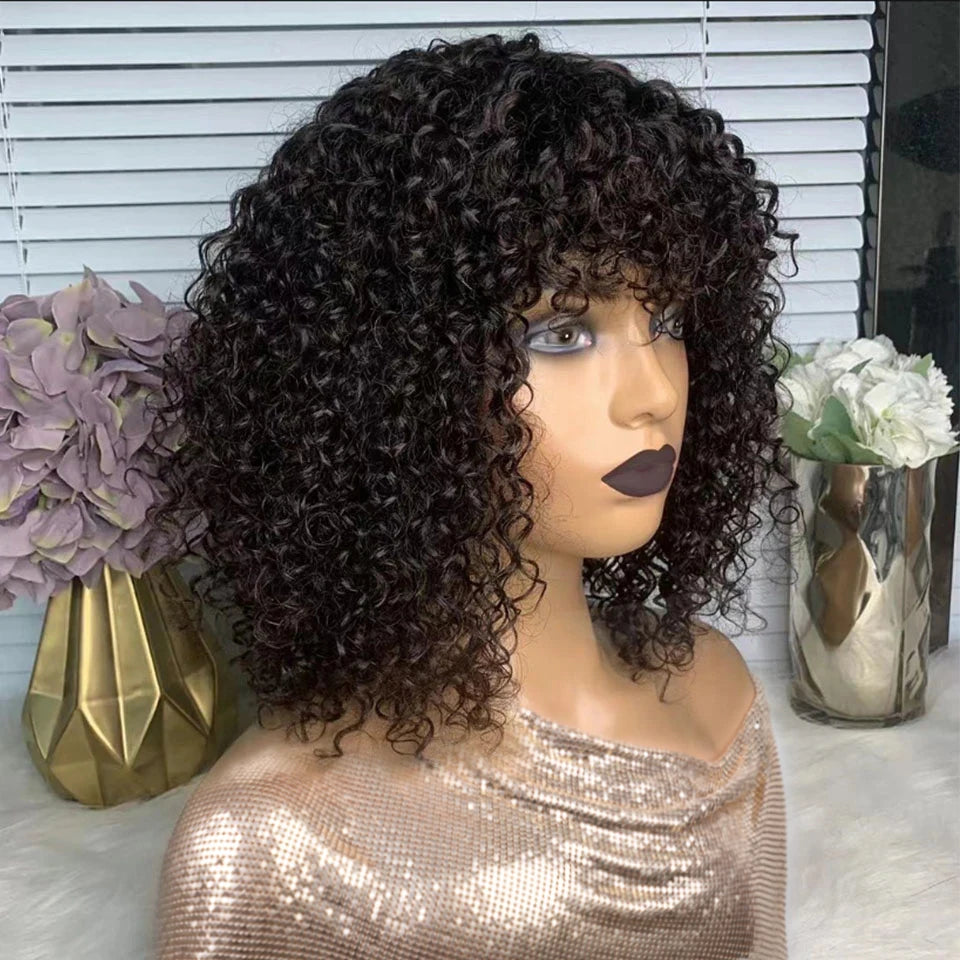 Short SENSE Black Pearl Jerry Curly Wig With Bangs Human Hair Glueless Wigs Short Pixie Bob Cut Human Hair Wigs With Bangs Highlight Bob Wig