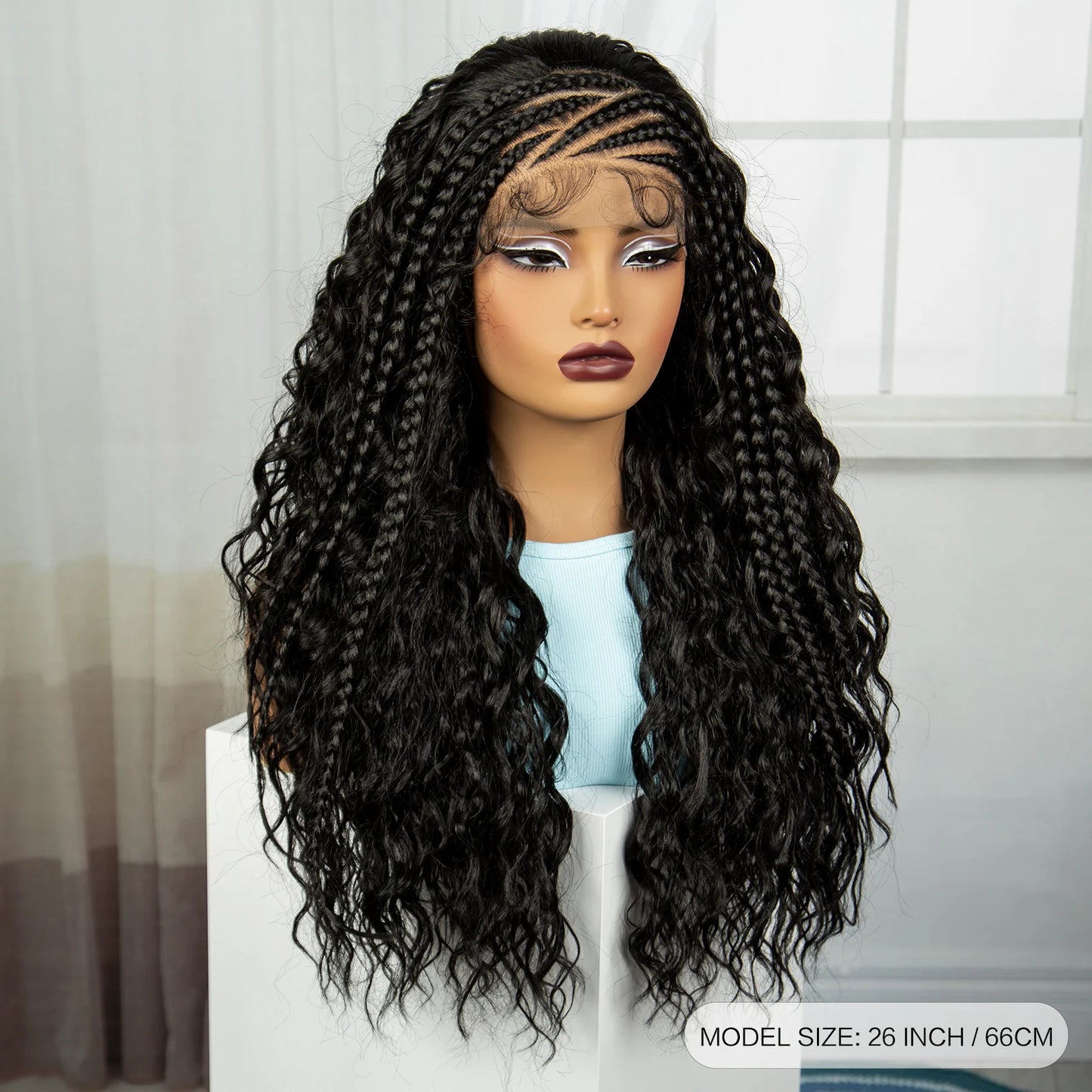 Braids SENSE 26 Inch Natural Water Wave Synthetic Braided Wigs Lace Braided Wig Curly Knotless Braids Wigs With Baby Hair for Black Woman