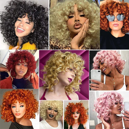 Lace wigs Pink Blonde Curly Wigs Weave Loose Fluffy Wavy Short Curly Blonde Curl Afro Synthetic Hair Natural Looking For Black White Women