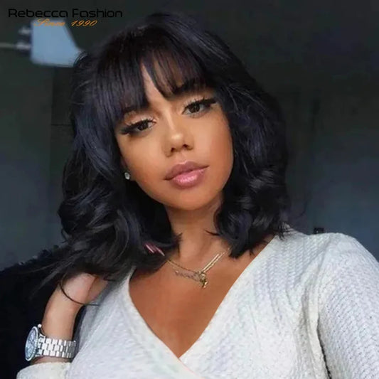 Short SENSE Rebecca Short Bob Wigs With Bangs Brazilian Body Deep Wave Natural Remy Human Hair Wig Full Machine Made Glueless Wigs For Black