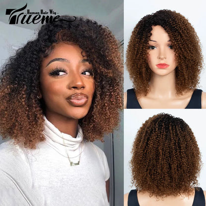 Short SENSE Trueme Afro Kinky Curly Human Hair Wigs Ombre Highlight Human Hair Wig With Bangs Colored Brazilian 4a Curly Bob Wig For Women