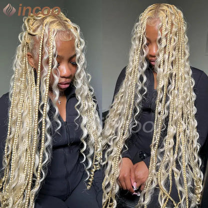 Braids SENSE 32" Bohemian Box Braided Wigs Synthetic Full Lace Front Wigs Black Women Knotless Braids Wigs 613 Blonde Burgundy Lace Front Wig