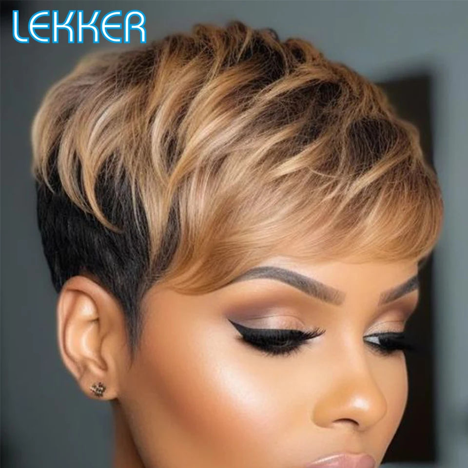 Short SENSE Lekker Wear to go Ombre Gold Brown Short Pixie Cut Wavy Human Hair Wigs For Women Brazilian Remy Hair Colored Side Part Bob Wigs