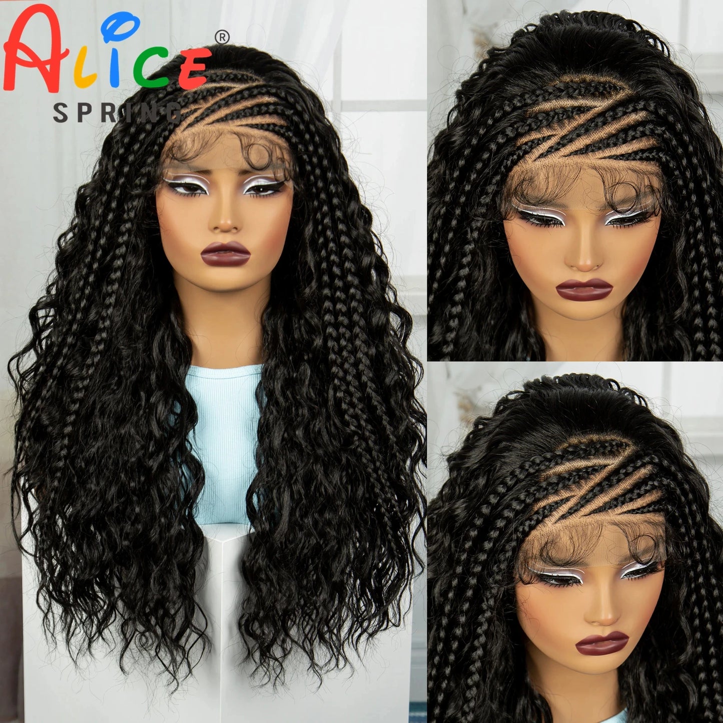 Braids SENSE 26 Inch Natural Water Wave Synthetic Braided Wigs Lace Braided Wig Curly Knotless Braids Wigs With Baby Hair for Black Woman