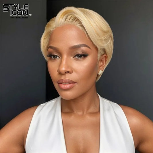 Short SENSE Slicked-Back Straight Wigs Pixie Cut Straight Bob Short Human Hair Wigs 613 blonde Bob Wig Lace Hairline Human Hair pixie Wigs