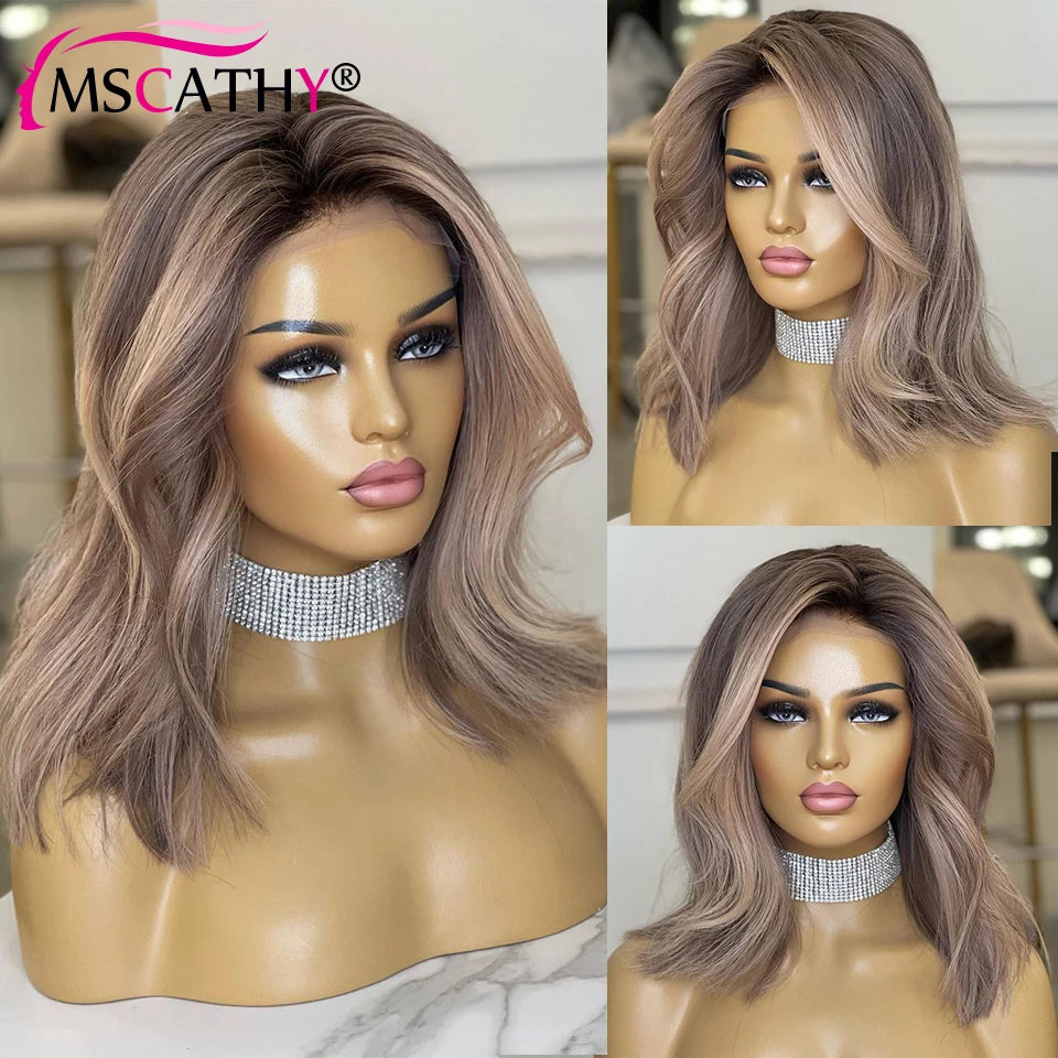 Short SENSE Ash Blonde Ombre Human Hair Wigs For Women Body Wave HD Transparent Lace Frontal Wig Brazilian Remy Hair Short Bob Wig Pre Pluck