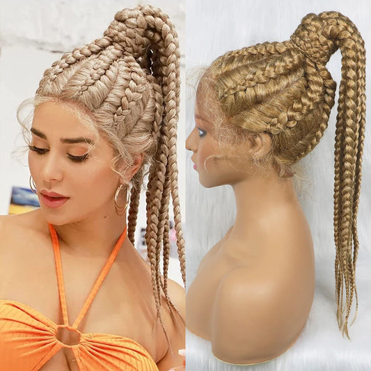 Braids SENSE Blonde Synthetic Braided Wigs with Baby Hair Ponytail Braids Wigs for Women High Ponytail Honey Color Wigs