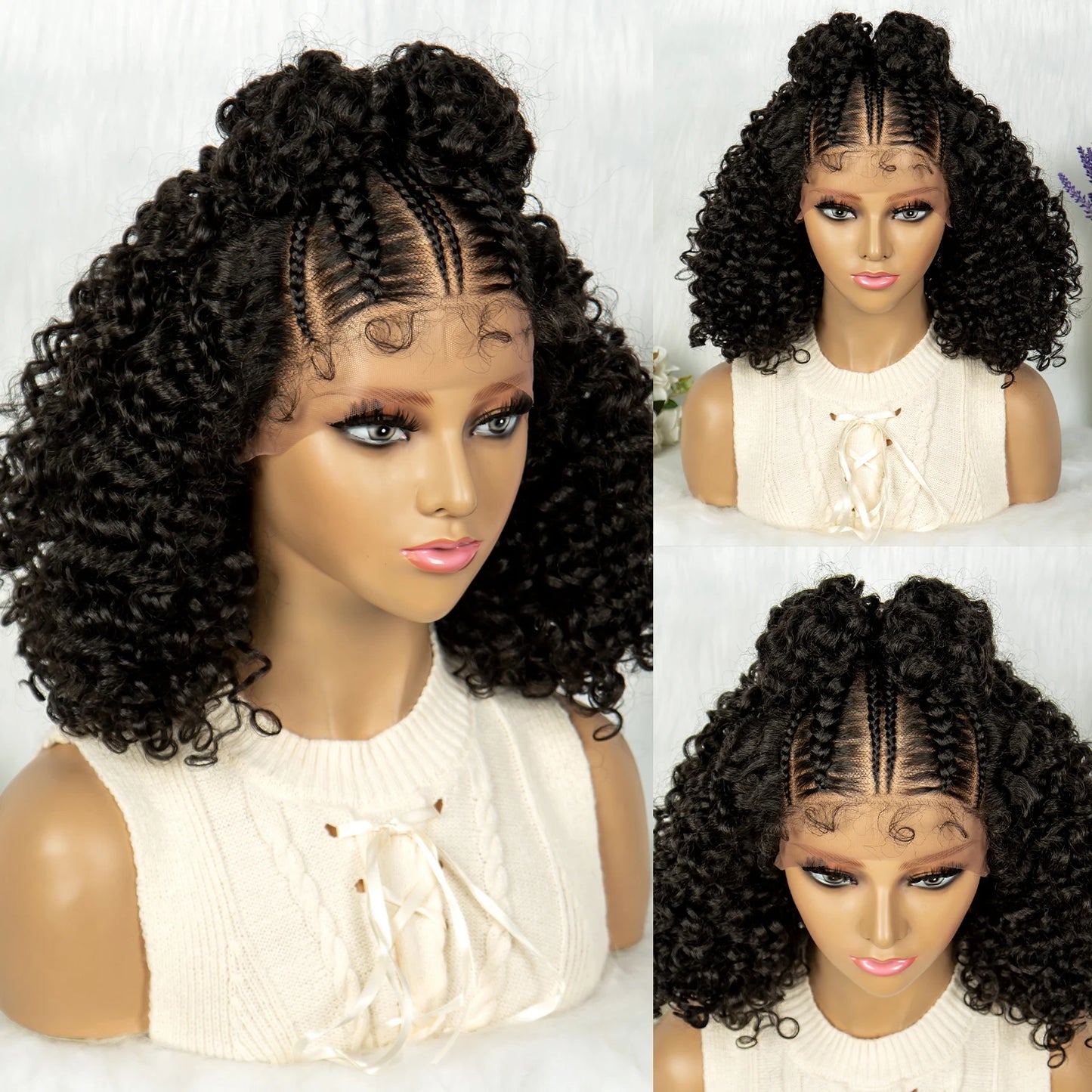 Braids SENSE Kima Frontal Cornrow Twisted 16 inches Curly Bob 13*4 Synthetic Lace Front Wig Top Knot Braided Ribbon Bun Braided Wigs