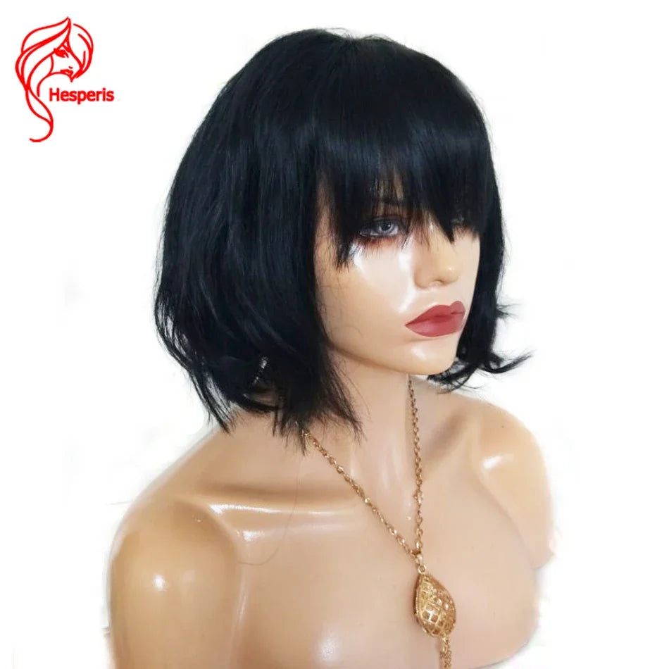 Short SENSE Hesperis Brazilian Remy Short Bob Cut Human Hair Wig With Bangs Natural Wave Scalp Top Full Machine Made Wavy Bob Wigs For Women