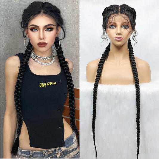 Braids SENSE Synthetic Cornrow Braided Wigs Natural Black Braided Lace Front Wig Double Dutch Braids 100% Hand Made with Baby Hairs for Women