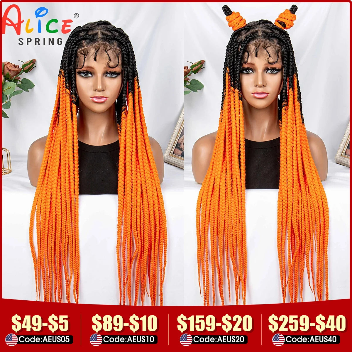 Braids SENSE Full Lace Braided Wigs Synthetic Knotless Box Braids Wig Orange Colored Transparent Lace Front Braiding Hair Wig for Black Women