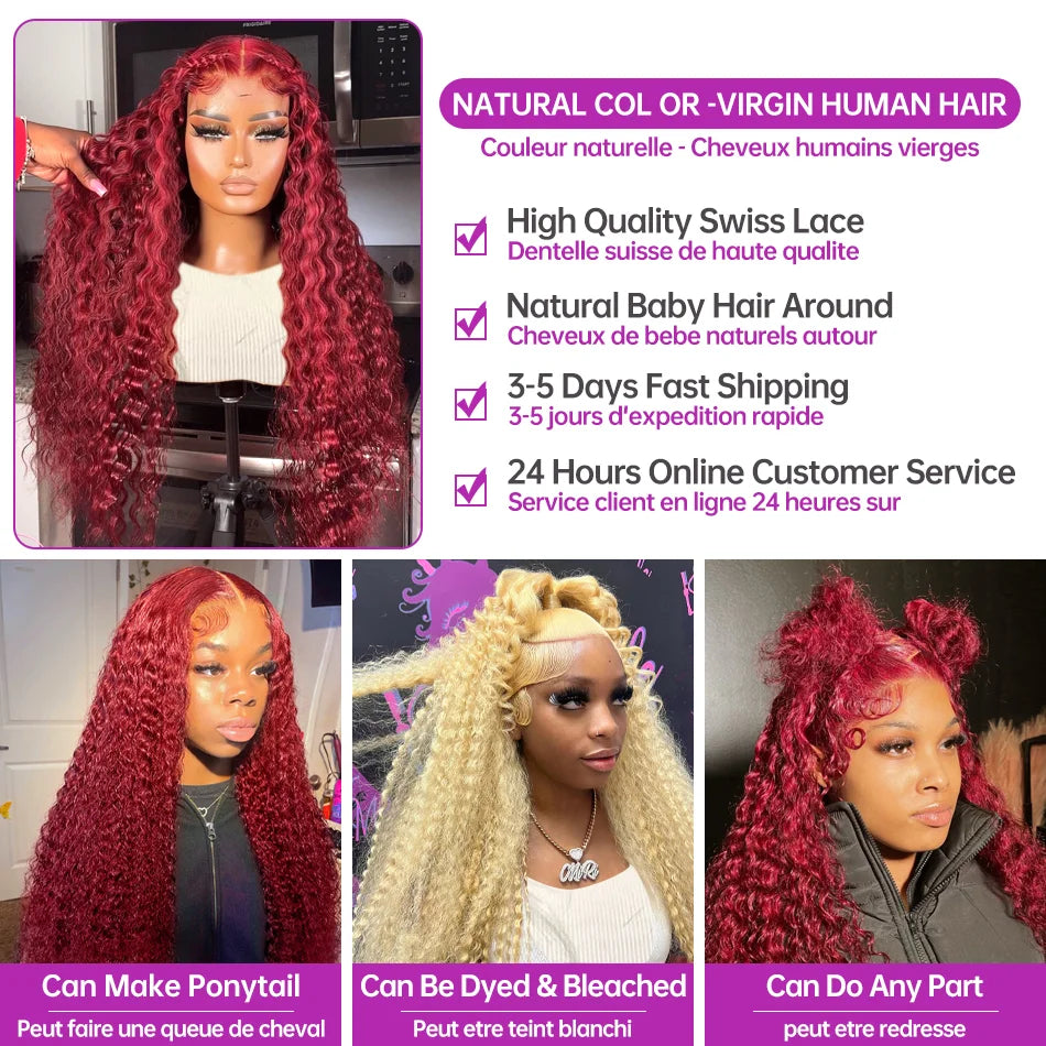 Lace wigs 13x4 Deep Wave Lace Frontal Wig Human Hair Transparent 99J Burgundy Full Lace Front Wigs Red Colored HD Curly Human Hair Wigs