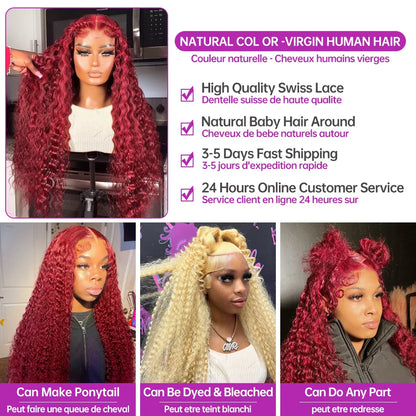 Lace wigs 13x4 Deep Wave Lace Frontal Wig Human Hair Transparent 99J Burgundy Full Lace Front Wigs Red Colored HD Curly Human Hair Wigs