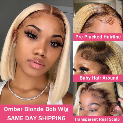Short SENSE 13x4  613 Blonde BOB Ombre Lace Fornt Wig Short Straight Bob Braizilian Human Hair Wigs  Transparent Lace Frontal Wig Preplucked