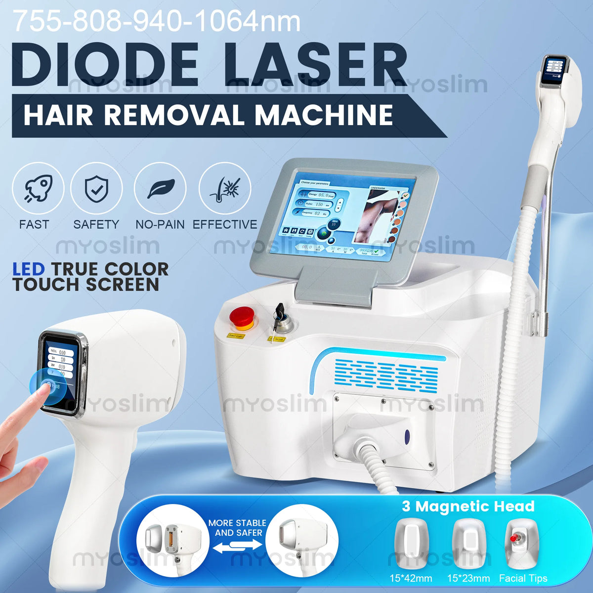 Professional Portable Salon Painless Diode Laser Hair Removal Machine 808nm 1064nm 755nm Triple Wavelength for Business