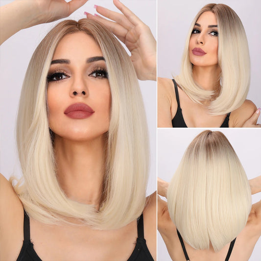 Short SENSE Smilco 18 Inch Short Synthetic Blonde Gradient Straight Wig For Women Daily Cosplay Bob Wigs Party Heat Resistant Fake Hair