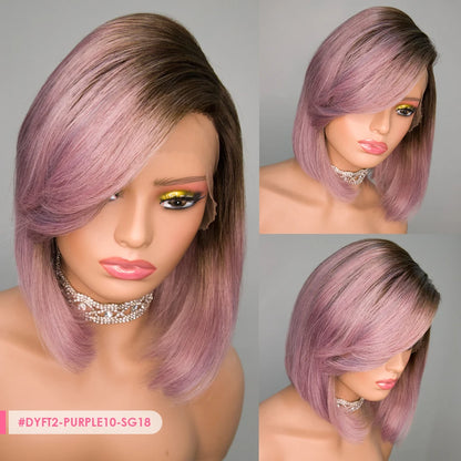 Short SENSE Purple Straight Bob Wig Brazilian Lace Part Human Hair Wigs For Women HD Highlight Wig Glueless Lace Front Wig With Bangs  DEBUT