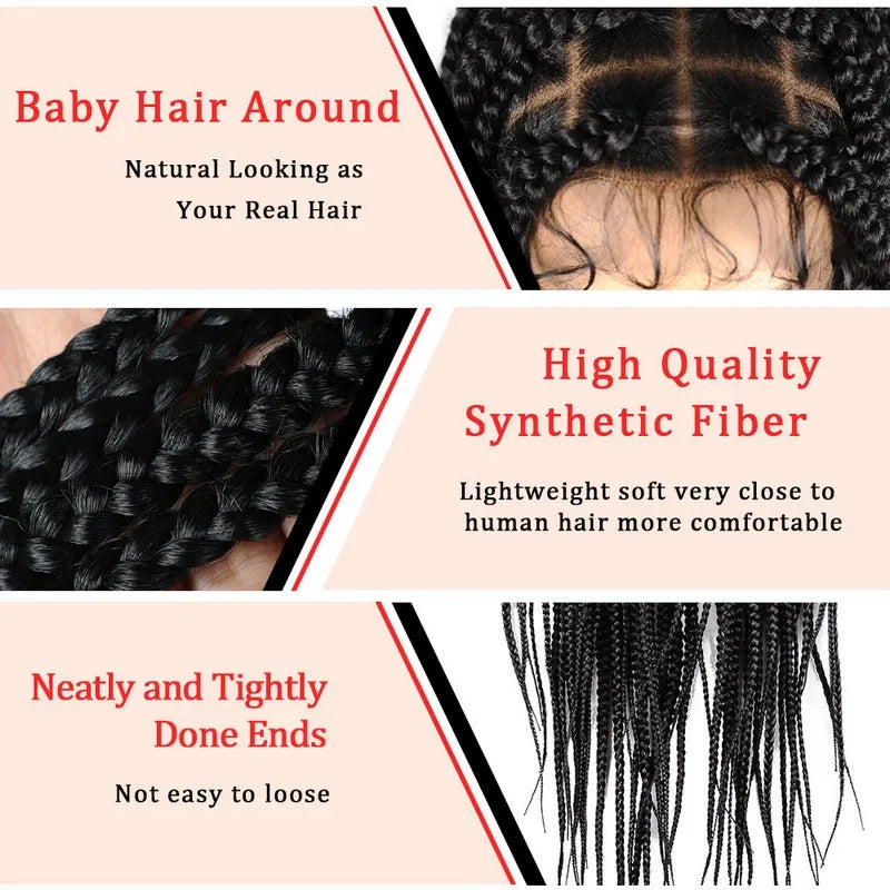 Braids SENSE 36" Full Lace Braided Wigs Synthetic Long Black Braided Wigs With Baby Hair 360 Lace Front Box Braids Wig Black Mix Burgundy Wig